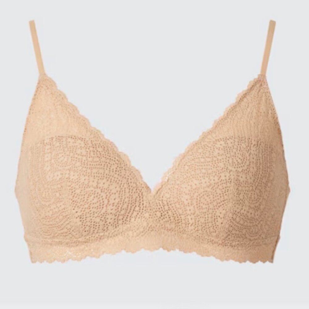 UNIQLO beige stretch lace wireless bra size L (bust 37-39")